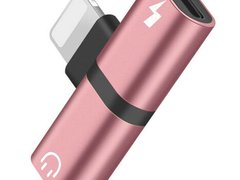 Mini Adaptor Lightning Splitter iUni dual port, pentru casti si incarcare iPhone, Rose Gold